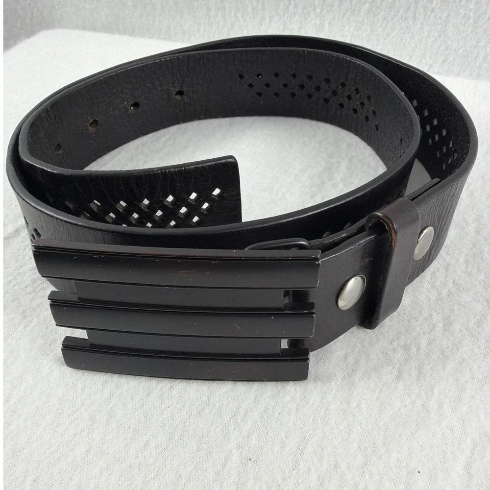 Adidas Mens Black Leather Belt Perforated Strap Three Stripe Metal Buckle 38in